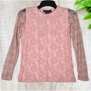 Susan Graver Pink Floral Lace Overlay Blouse Long Sleeve Size XS Lined Y2K NWT